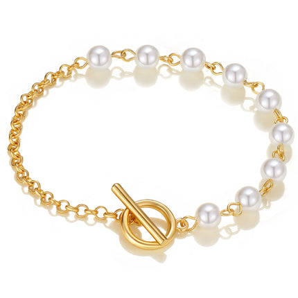 Exquisite Ladies Gold Plated White Pearls Bracelets-Metal Chain