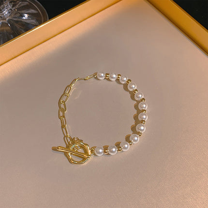 Exquisite Ladies Gold Plated White Pearls Bracelets-Metal Chain