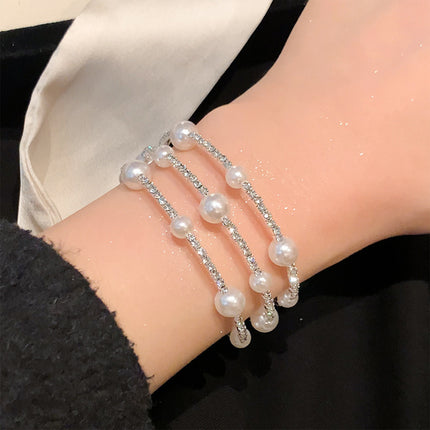 Rhinestone Pearl Multilayer Bracelets-Sliver Pearl