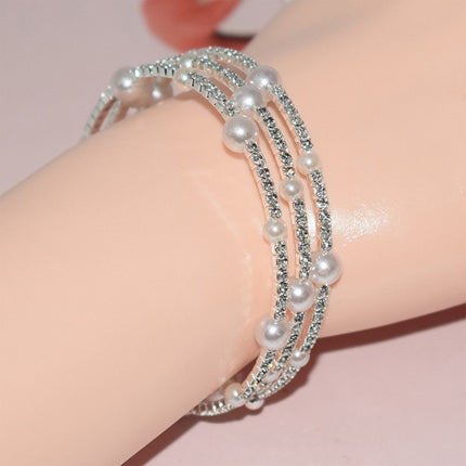 Rhinestone Pearl Multilayer Bracelets-Sliver Pearl