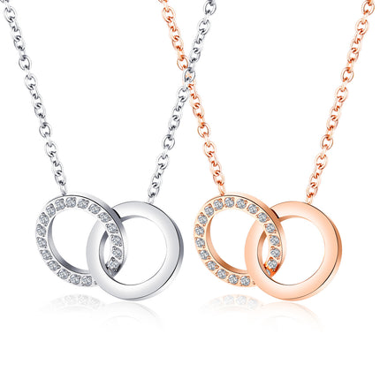 Interlocking double-ring diamond-set simple elegant rose gold-plated necklace