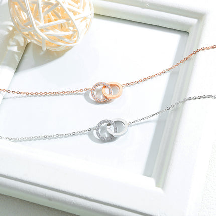 Interlocking double-ring diamond-set simple elegant rose gold-plated necklace