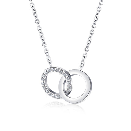 Interlocking double-ring diamond-set simple elegant rose gold-plated necklace