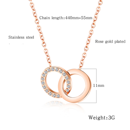 Interlocking double-ring diamond-set simple elegant rose gold-plated necklace