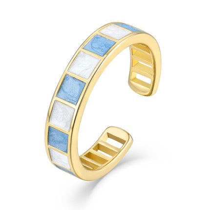 Colorful checkered design K gold open glue fashion women’s ring